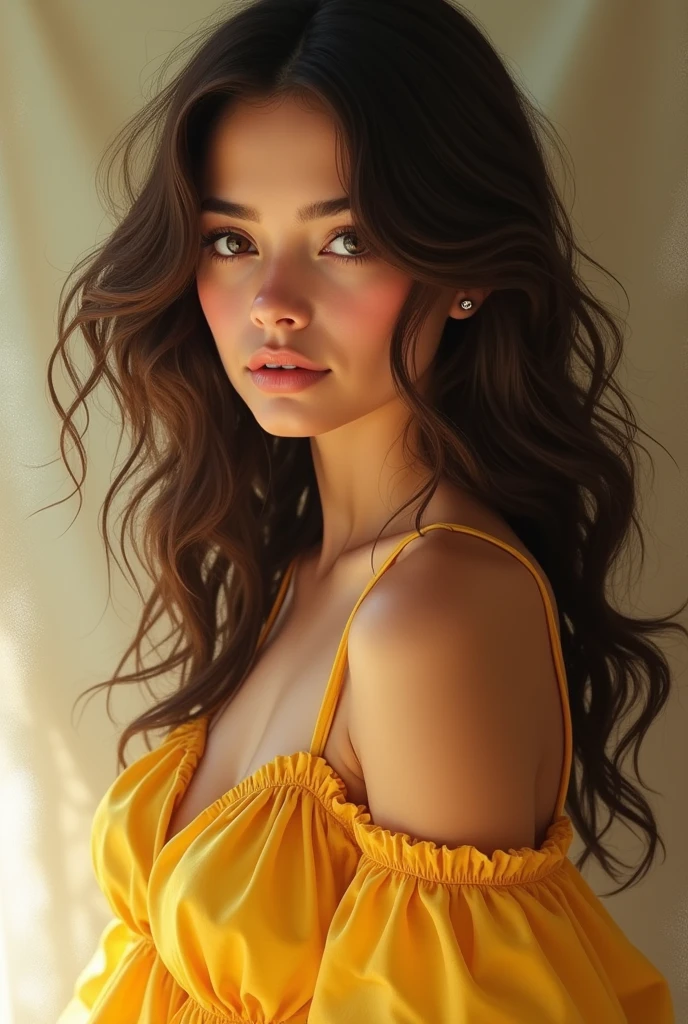 Brunette with curly hair and yellow dress 