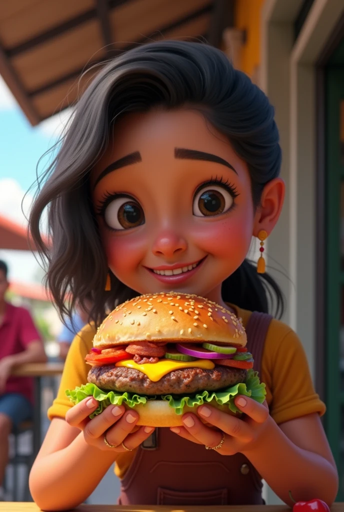 An Ecuadorian eating a hamburger