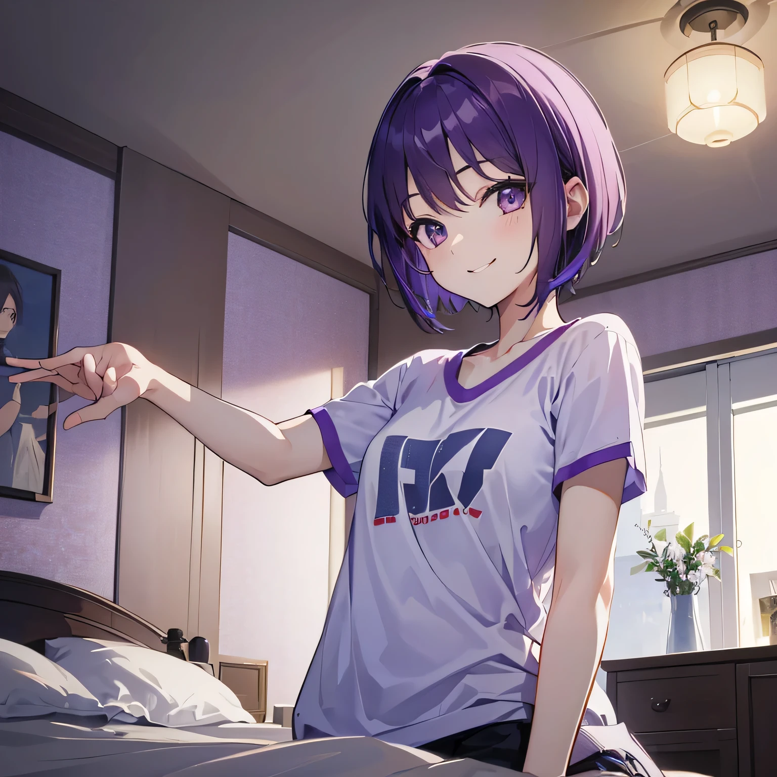 (T Masterpiece,4K wallpaper,Best Quality))、((1people))、(solo)、Bright and Brilliant,(Purple Hair)、(short hair:1.3)、smile、Bedroom、T-Shirts、morning