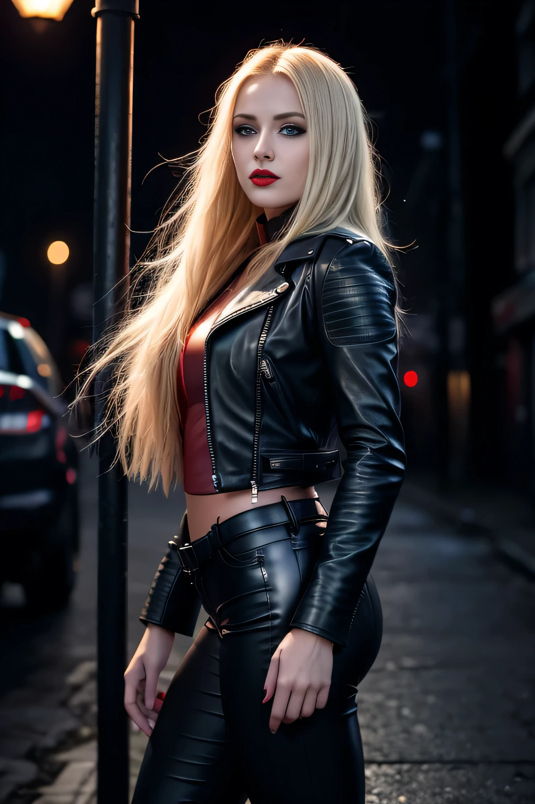 full body shot in photorealistic style, girl, sexy beautiful perfect shape, long blond hair, blue eyes, red lips, black leather pants and black leather jacket, standing in dark night gloomy alley, face lit by street lamp, background dark twilight, gloomy scary mood, perfect makeup,