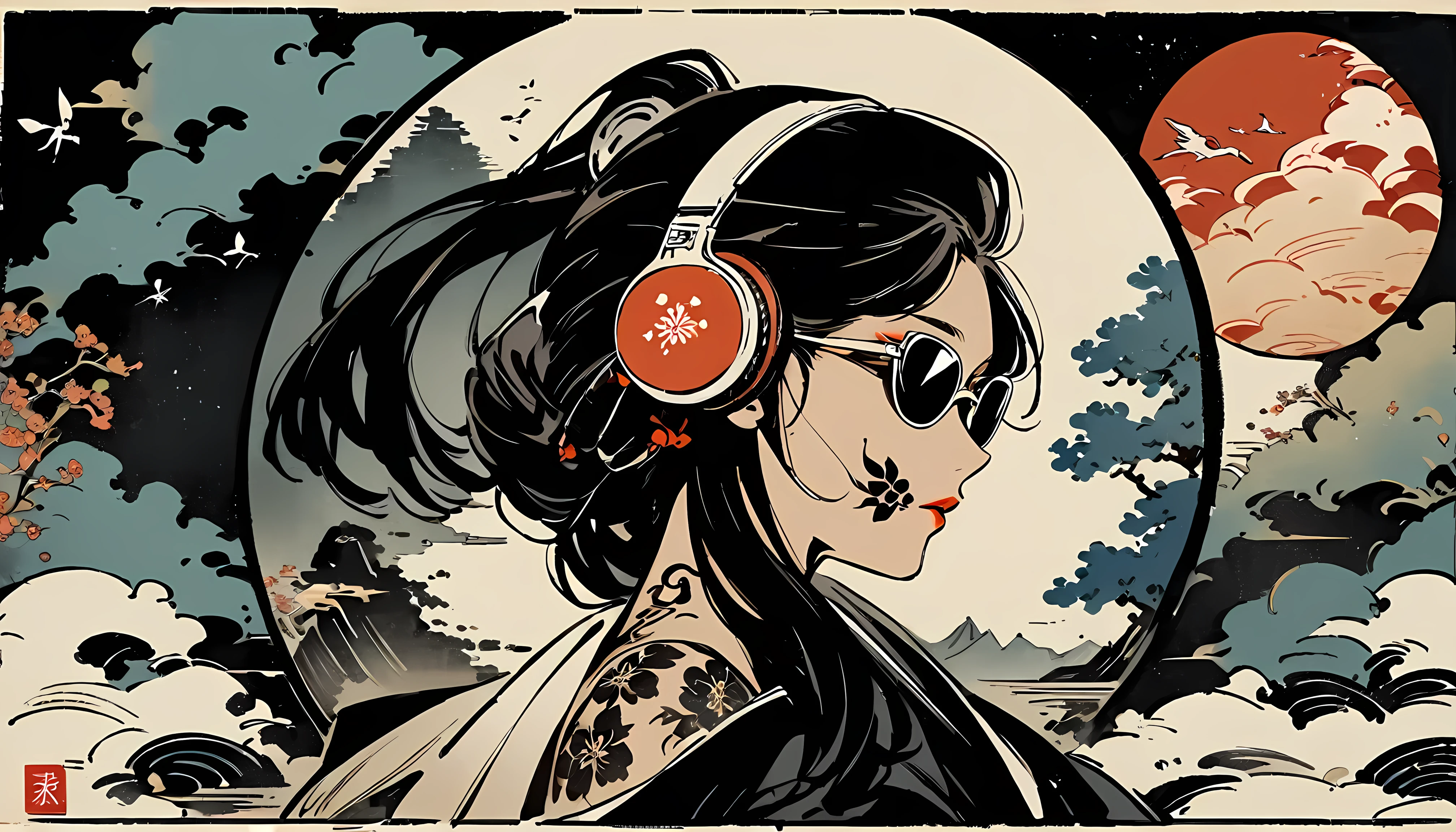 Ink Painting, (((1 girl))), (((Tattoo on face))), (((sunglasses))), Japanese style headphones, beautiful girl, Black Hair, Delicate and precise, Modern ukiyo-e style, Darkness