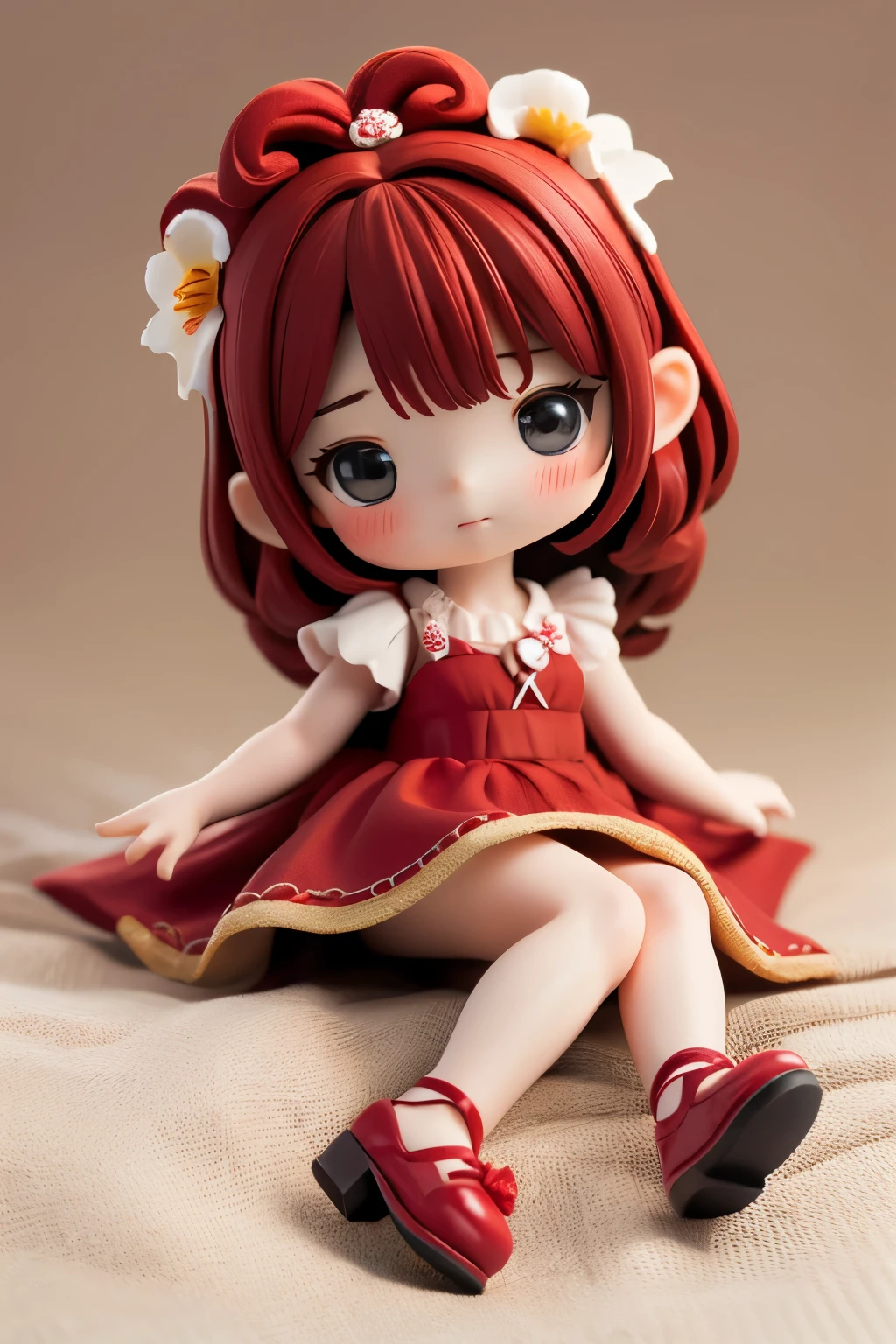 Photorealistic、(Red dress、sleepy、Mouth slightly open、hair ornaments、Sitting、Cute Shoes)、Lily of the valley hill、night