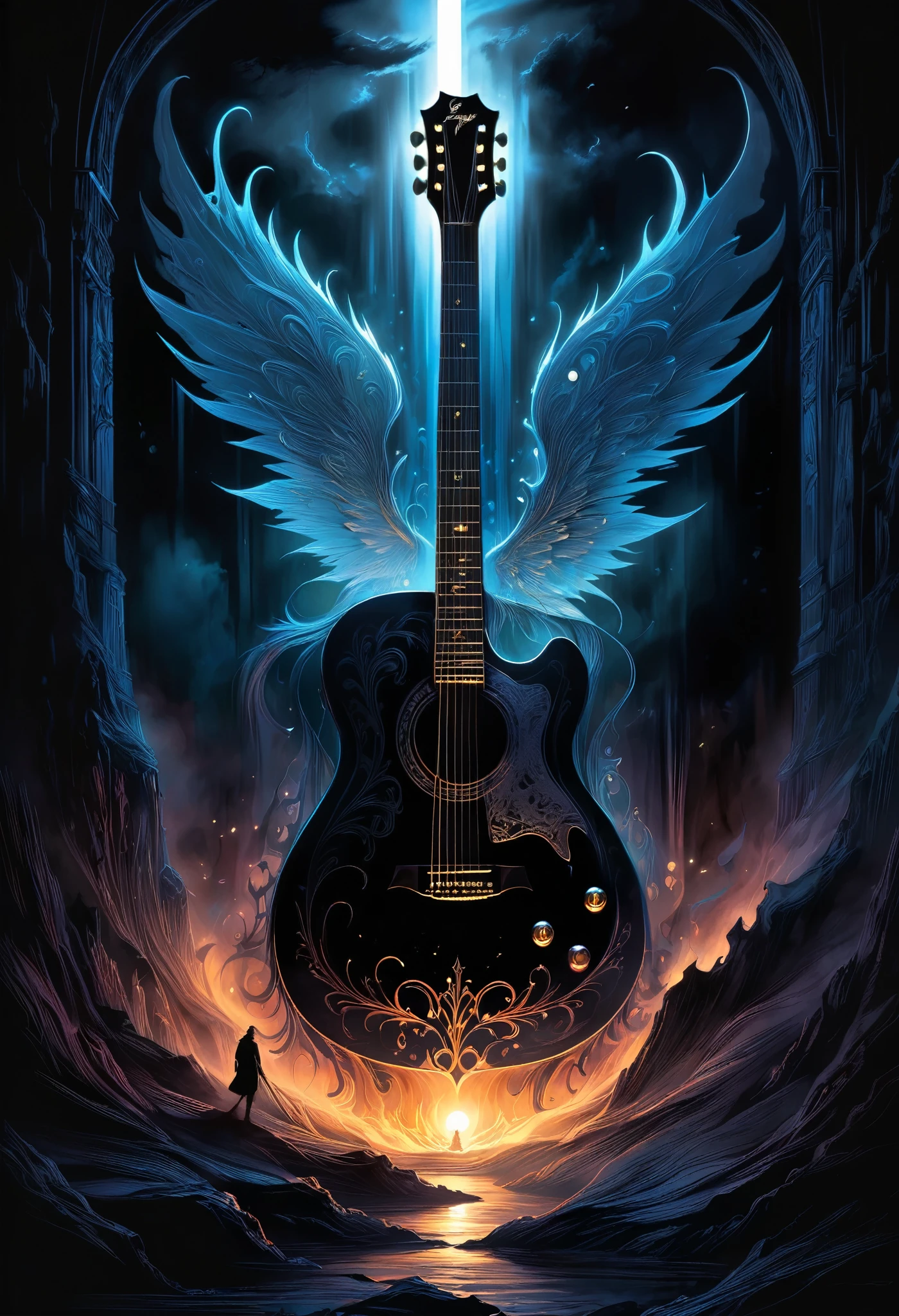 Midjourney, MJ, Midjourney style, poster, manga, anime, 
A mesmerizing dark fantasy illustration captures the essence of a hauntingly beautiful guitar, its silhouette starkly highlighted against an inky black background. The edge of the guitar is bathed in a chilling supernatural light, emanating from an enigmatic, otherworldly source. This eerie illumination creates a haunting ambiance, with the contrast between light and dark areas amplifying the captivating atmosphere. The ethereal glow and mysterious aura of the scene transport the viewer into a realm of fantasy and wonder, making this captivating illustration a true masterpiece of dark fantasy art. The intricate details and enchanting ambiance are sure to leave a lasting impression on all who behold it., dark fantasy 