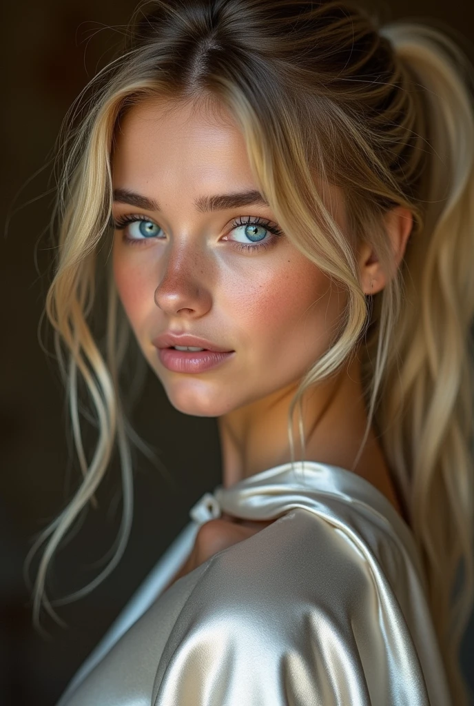 (RAW Photo) , beautiful blue-eyed girl in her 20s with long blonde hair in ponytail , (((ankle
length ((silver satin cape:1.20))+++ tied at the neck))) , leotard , full body, slight skin
blemishes, sly smile, high-quality ultra realistic style, warm tones, soft lighting, detailed
eyes, subtle freckles, professional, expressive , 8K , highly detailed