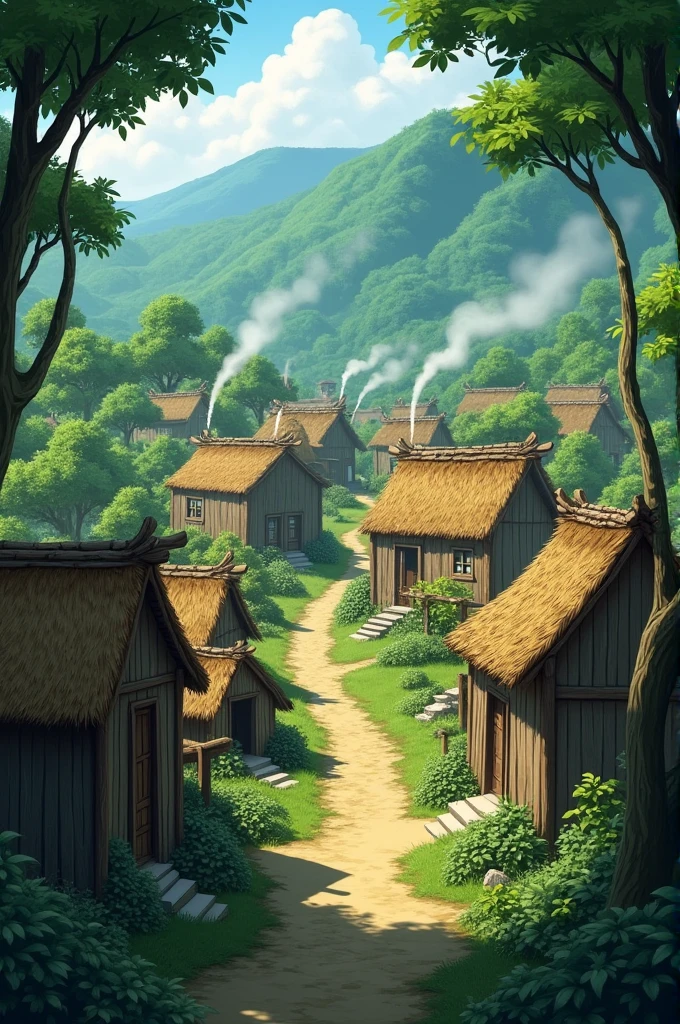 The Village of Musi: Visualize a remote village surrounded by lush greenery, with rustic houses made of wood and thatch. The village is peaceful but somewhat isolated, with narrow paths connecting the homes.