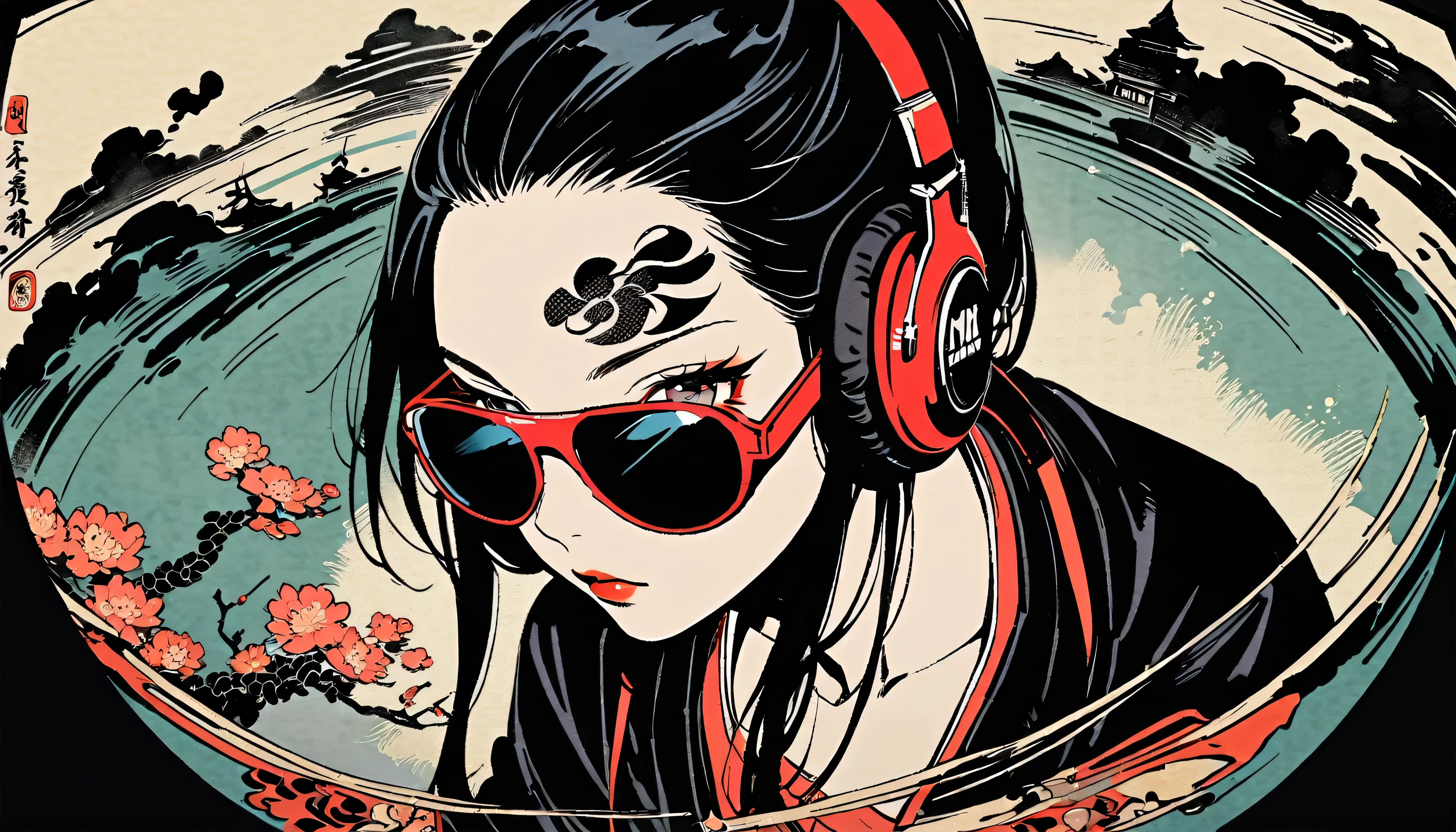 fisheye, Ink Painting, 1 girl, Tattoo on face, sunglasses, Japanese style headphones, beautiful girl, Black Hair, Boombox, Delicate and precise, Modern ukiyo-e style, Dark image