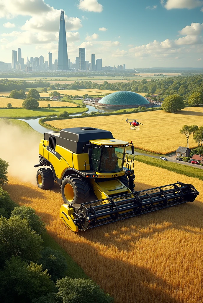 write boldly "Sime PLC..." at the bottom, combine harvester on a huge farm land, a tall building on a far behind, a helicopter,cars and A Home close to the land ,different kind of farm products on th land, a shade made of glass on the land,a river on the side