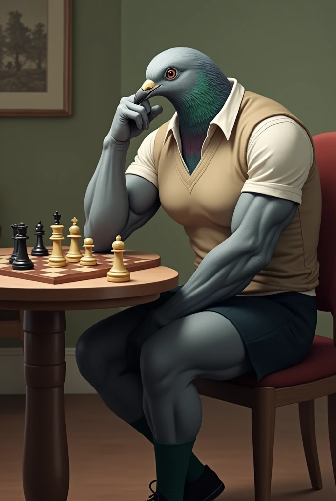 ((Highest quality)), ((masterpiece)), (detailed), A grey female pigeon wearing an off-white collared short-sleeved shirt, a light brown vest, a knee-length black skirt, dark green socks and black shoes,((Holding his head)),Playing chess at the table,Muscular grey female pigeon,Photorealistic images。