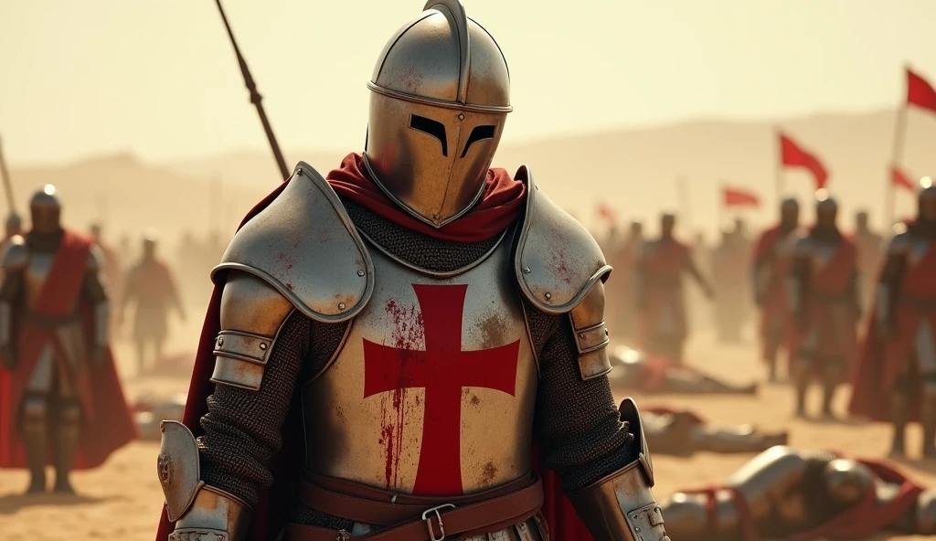 A highly realistic, high-contrast, 8K HD, detailed, hyper-detailed image of a fully armored Crusader knight bearing a red cross emblem on his chest, standing in the desert, suffering in pain after being defeated in battle. His face is obscured by a helmet, ensuring that no facial features are visible. The red cross emblem is prominently displayed on his chest. Bloodstains are visible on the knight's armor, emphasizing the brutality of the battle. Surrounding him are the bodies of other fallen knights, also bloodied, and some knights are still engaged in combat in the background. The desert scene is intense, with the atmosphere filled with the chaos of battle. The image is of the highest quality, with ultra-high resolution, RAW photo quality, and Unreal Engine rendering, vividly depicting the suffering and despair of the Crusader as he stands amidst the brutal combat in the vast desert.