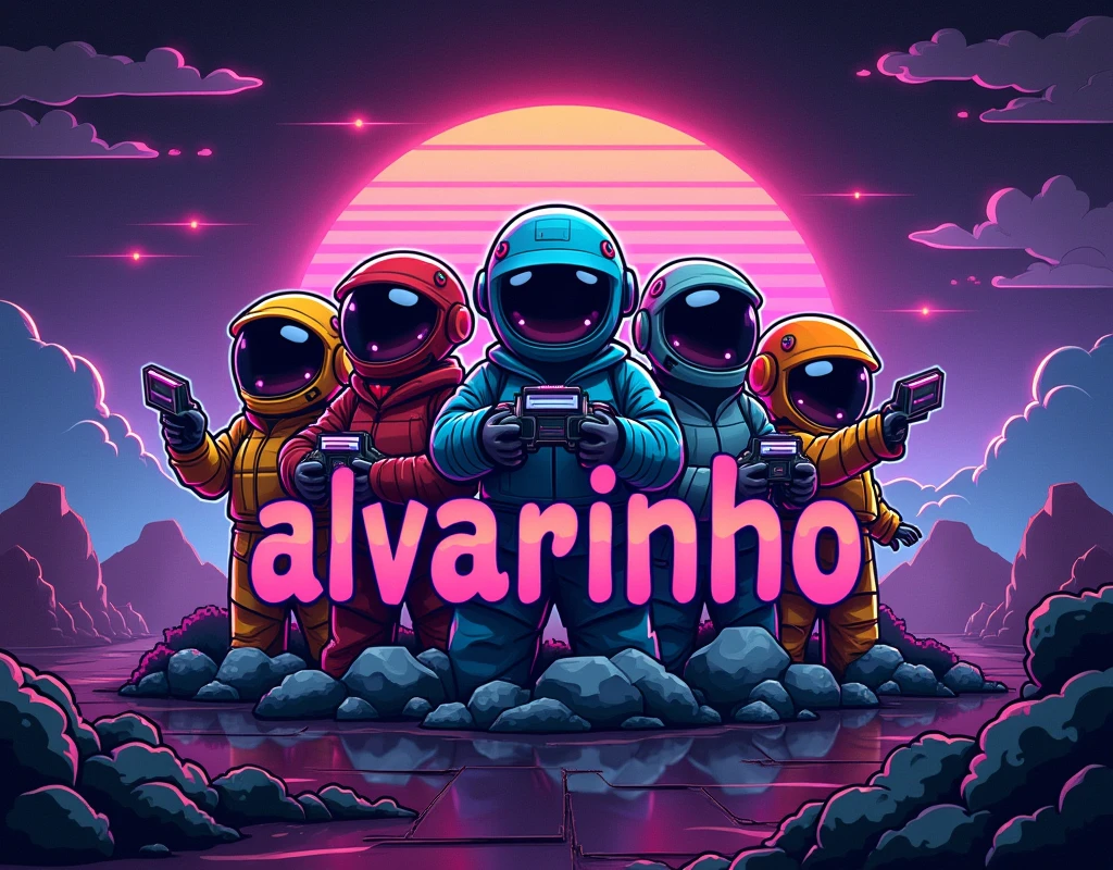 computer wallpaper with gamer themes with retro game characters and the word Álvarinho highlighted