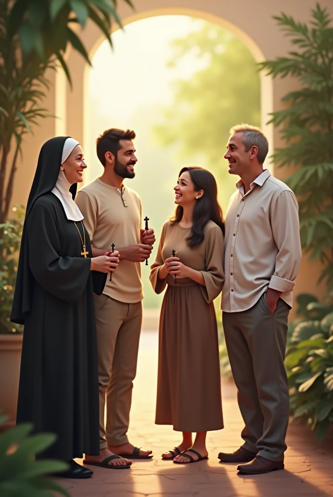 An environment where 5 people can be found, being a priest, uma freira, a man and woman couple and a consecrated lay person, in normal clothes carrying a rosary in his hand. Everyone very happy and interacting with each other