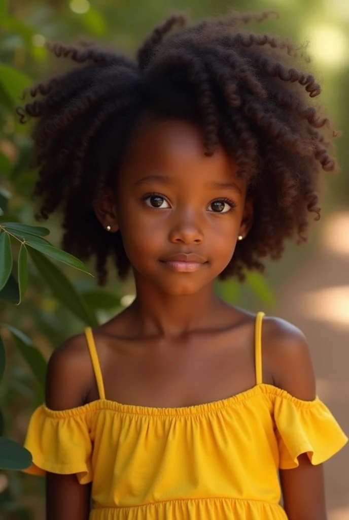 Black girl with curly hair and yellow dress 