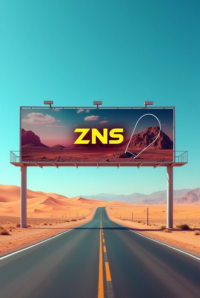 Road advertisement with a banner for ZNS sportswear company in the desert