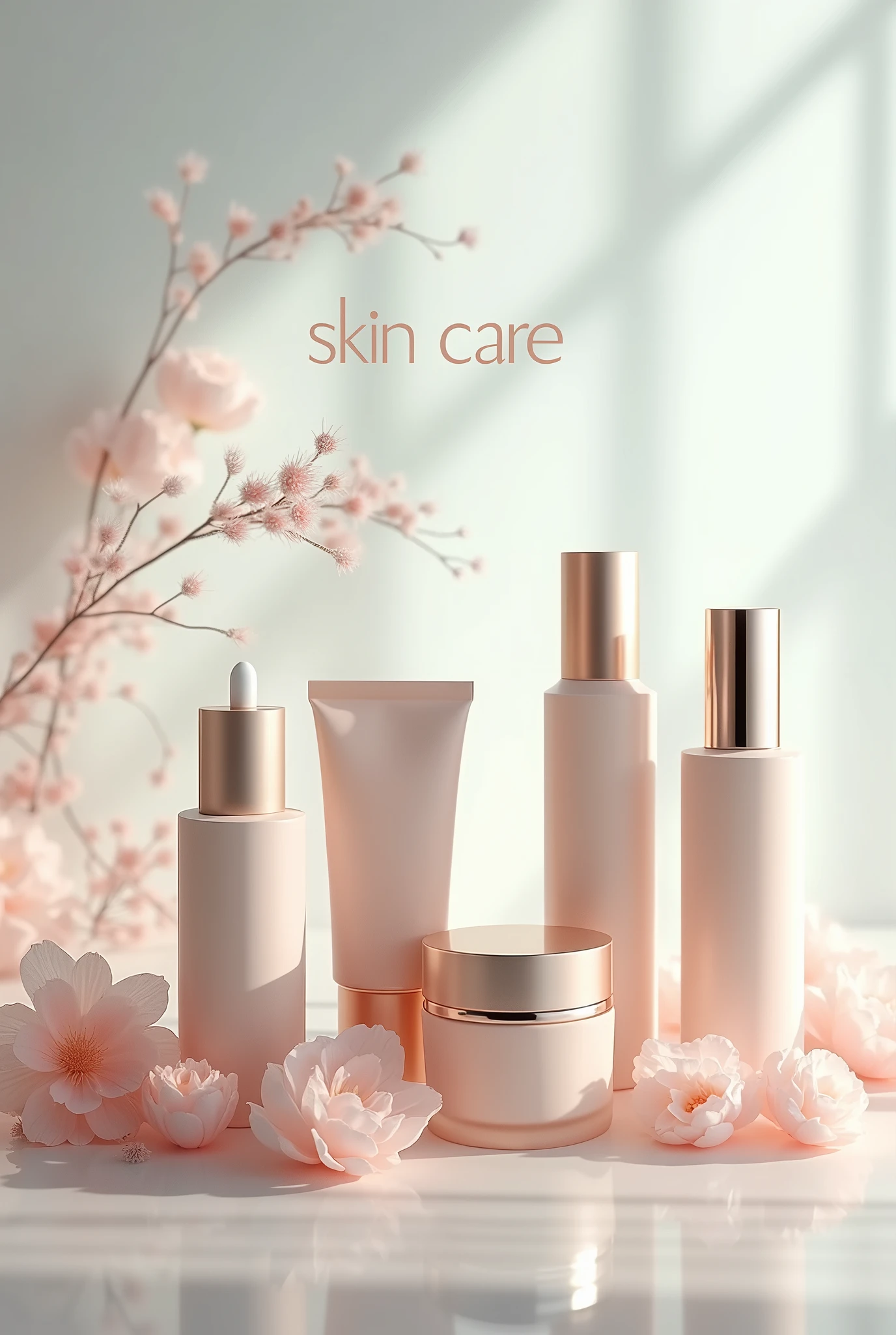 Design an elegant image featuring a collection of high-end skincare products arranged centrally. Include items like moisturizers, creams, and lotions with sleek, modern packaging. Place the products against a clean, minimal background, allowing the focus to remain on their design and quality. In the middle of the image, add the text 'Skin Care' in a refined, stylish font that complements the overall aesthetic. Use soft lighting and subtle elements, such as a gentle glow or water droplets, to evoke a sense of hydration, luxury, and rejuvenation