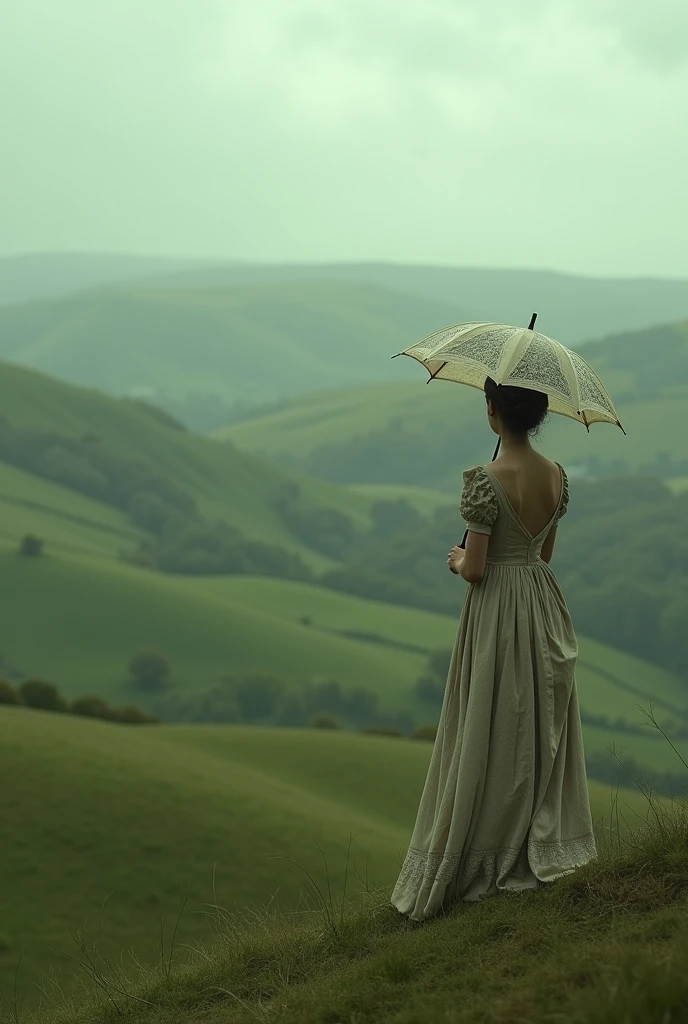 Women with umbrella from behind, wearing dress, in England era, in the hill, alone