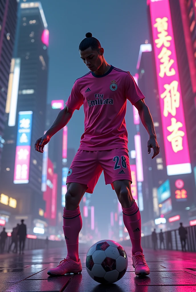 Cristiano Ronaldo doing  his poses in cyberpunk neon city and the name Ameer  Hamza writes oo the Cristiano Ronaldo T shirt