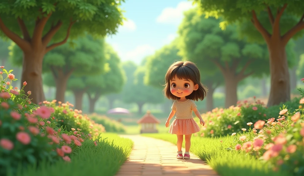 a girl is at a park of garden 3d animation