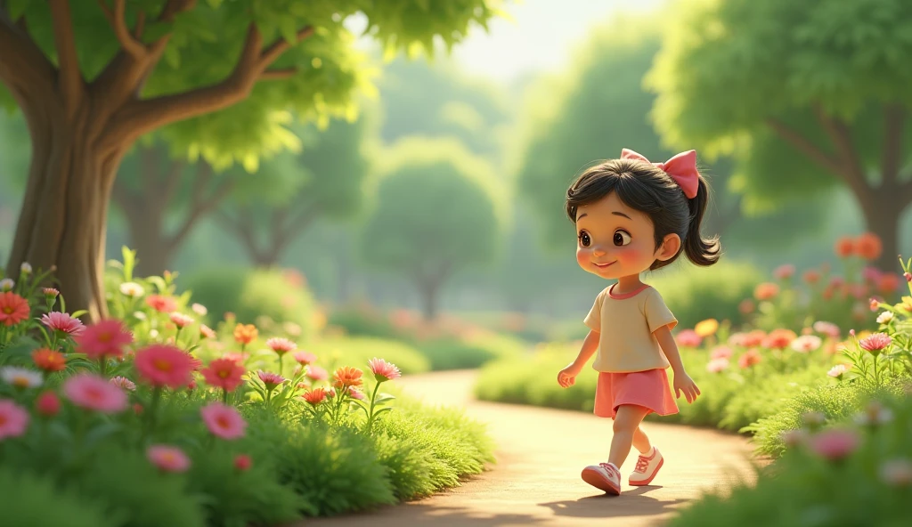 a girl is at a park of garden 3d animation