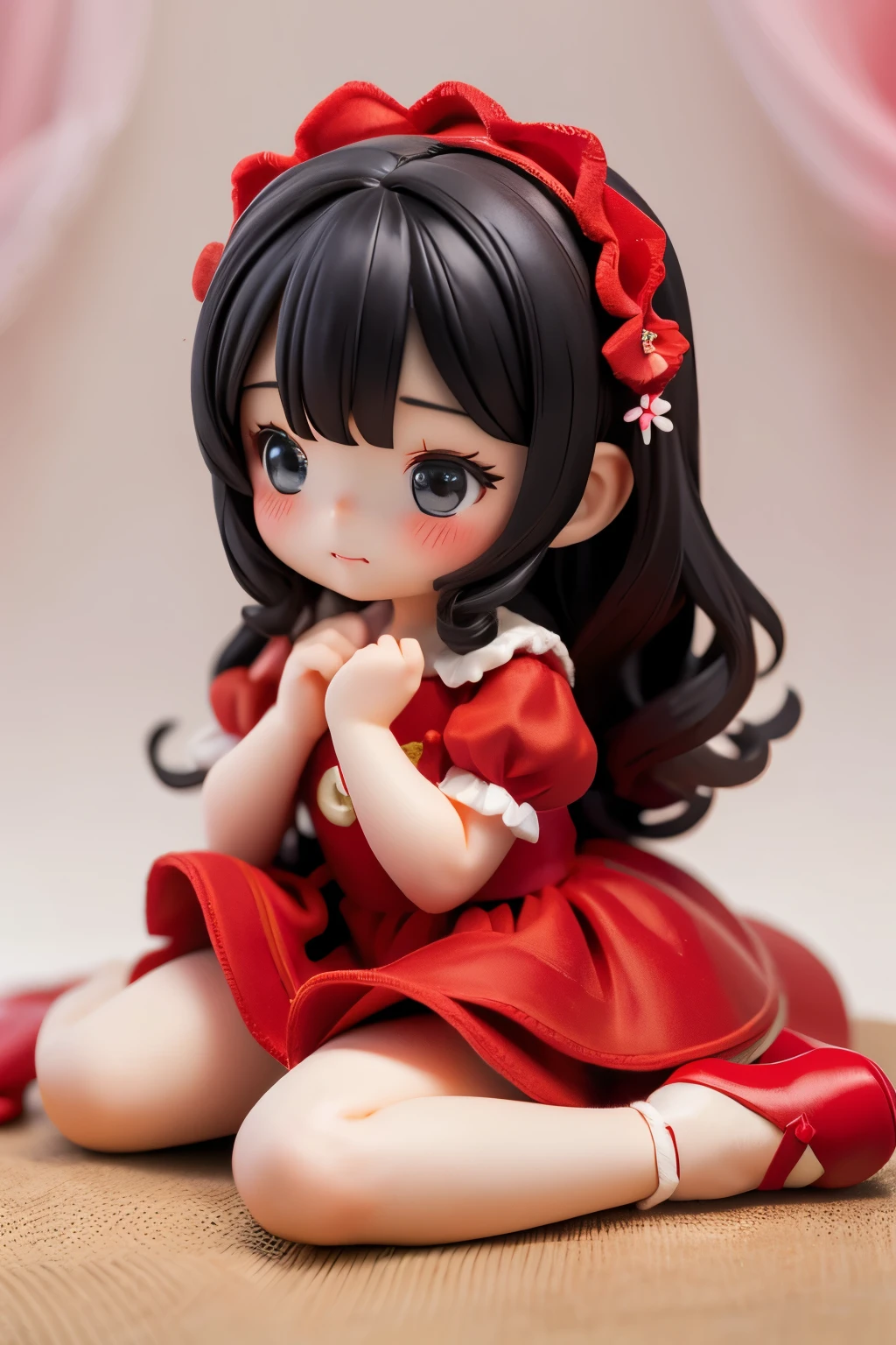 Photorealistic、(Red dress、sleepy、Mouth slightly open、hair ornaments、Sitting、Cute Shoes)、Lily of the valley hill、night