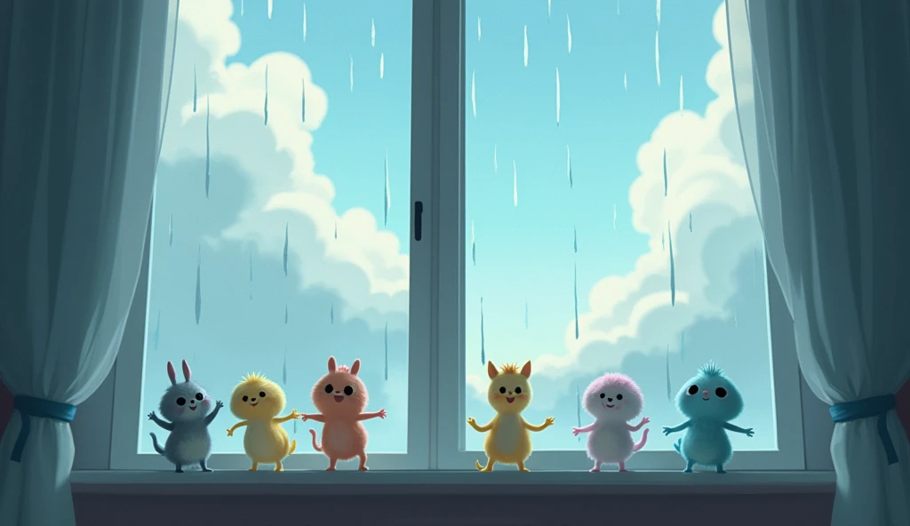 Raindrops dance upon the pane,
A pitter-patter, soft refrain.
Clouds above, a fluffy gray,
A perfect day to stay and play. : animated