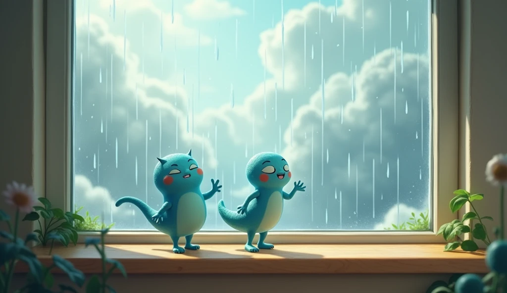 Raindrops dance upon the pane,
A pitter-patter, soft refrain.
Clouds above, a fluffy gray,
A perfect day to stay and play. : animated