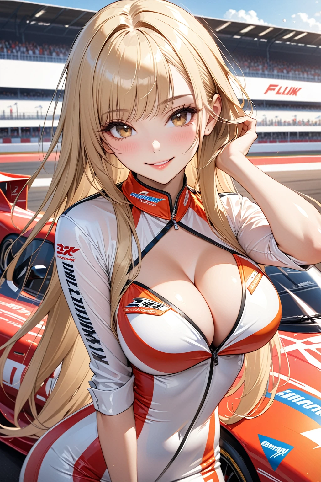 masterpiece,highest quality,32K,ultra detailed,young woman,light brown eyes,light makeup, full breasts,cleavage,fair skin,shiny skin,happy smile,silky hair,bangs,long hair,straight hair,blond,racequeen costume,looking at viewer,cowboy shot,circuit,racing car