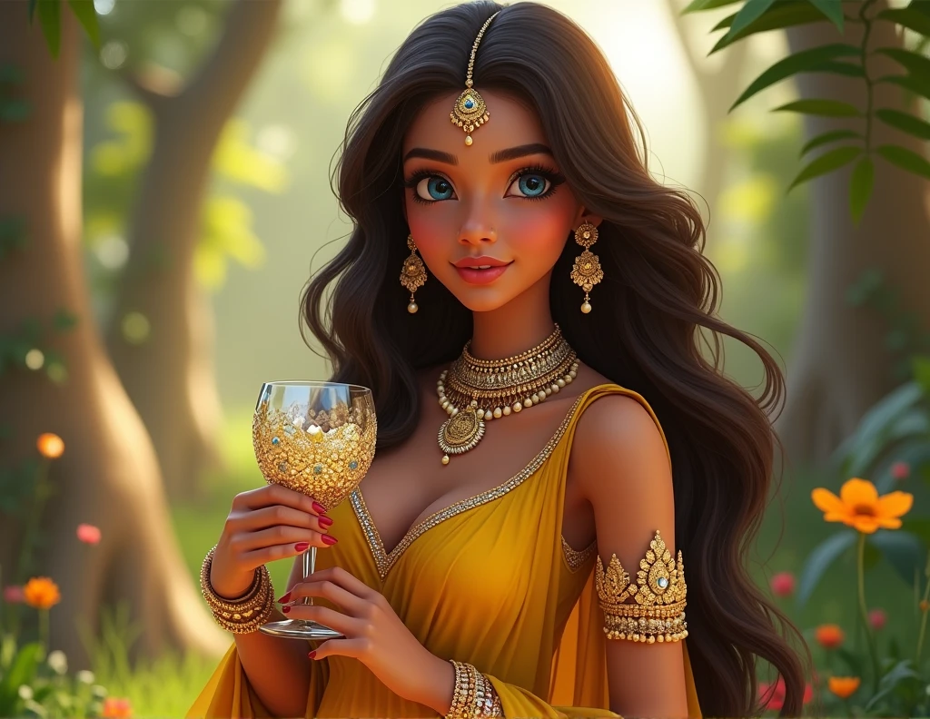 beautiful indian girl in an animated world, long detailed brown hair, piercing blue eyes, wearing a yellow saree, holding a glass, extremely detailed, highly realistic 4k, intricate jewelry, cinematic lighting, detailed facial features, photorealistic, elegant pose, lush garden background, vibrant colors, dreamlike atmosphere
