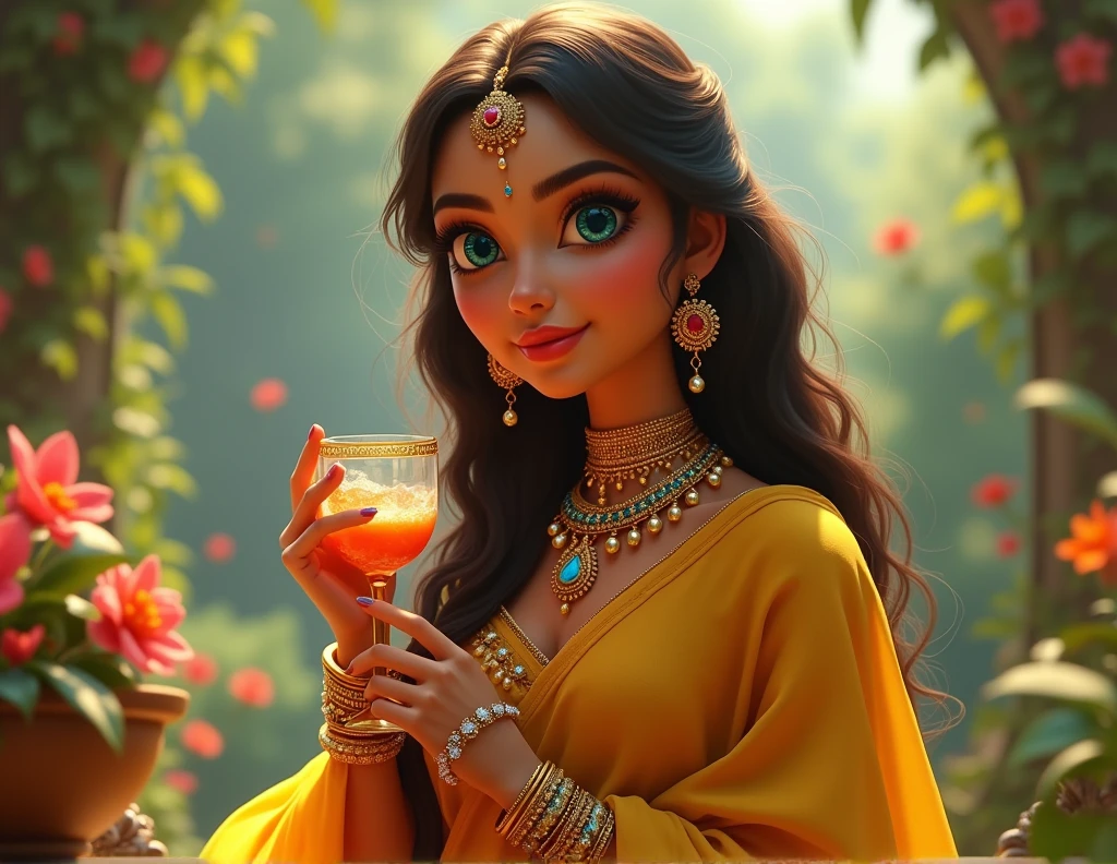 beautiful indian girl in an animated world, long detailed brown hair, piercing blue eyes, wearing a yellow saree, holding a glass, extremely detailed, highly realistic 4k, intricate jewelry, cinematic lighting, detailed facial features, photorealistic, elegant pose, lush garden background, vibrant colors, dreamlike atmosphere