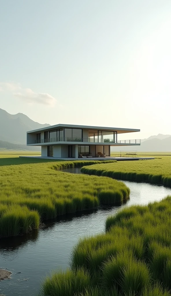 Modern house in the middle of nowhere with full green grass and a river also