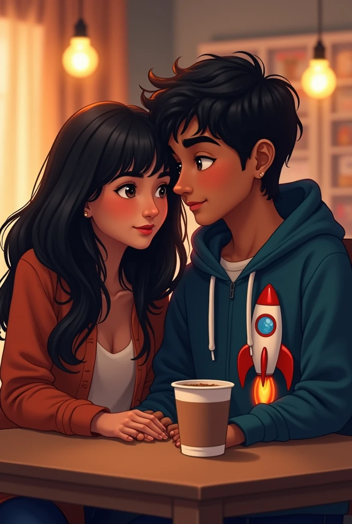 Absolute 2 girl with long black hair and her 2 indian boy friend with medium long hair wearing rocket logo hoodie and sitting together on table.