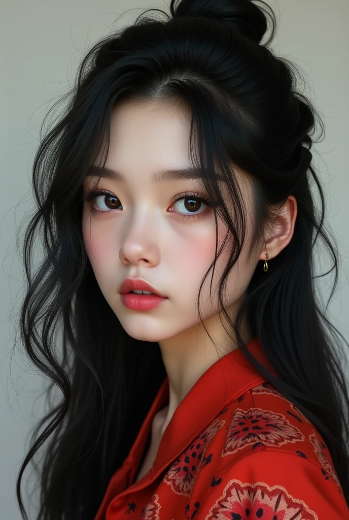 Girl, beautiful in patterned shirt red
, with long black hair up,
 white skin
, sharp features, 
black eyes 