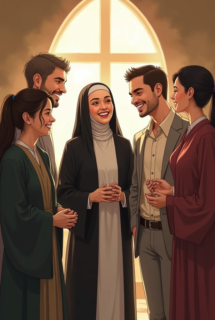 An environment where 5 people can be found, being a priest, uma freira, a man and woman couple and a consecrated lay person. Everyone very happy and interacting with each other