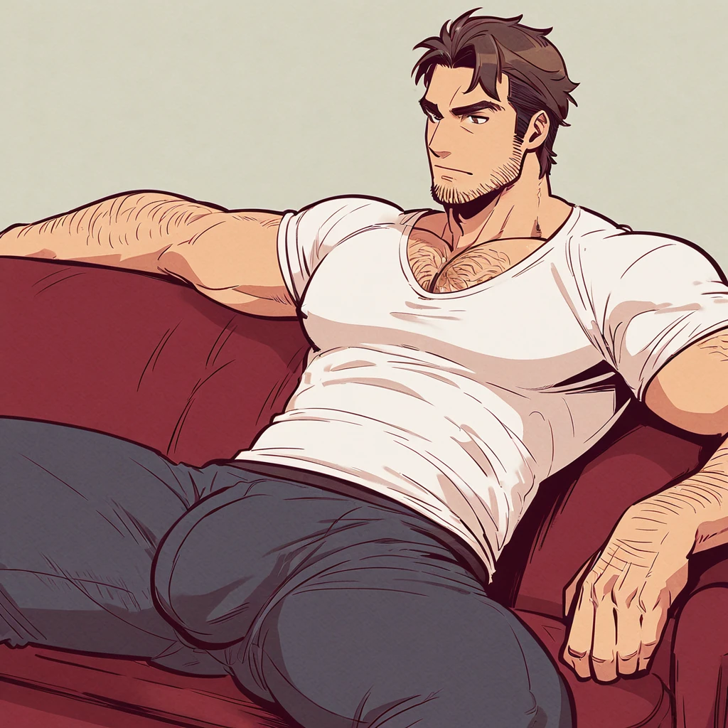 A muscular man in his 40s, tall, skinny but muscular, brown clean hair, handsome, stubble, big man tits, sorta hairy chest, sitting on a couch, legs spread far apart, wearing a white tshirt and underwear with a big bulge,