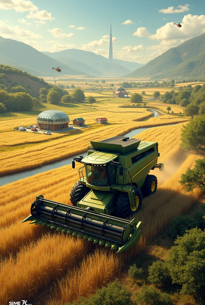 write boldly "Sime PLC..." at the bottom, combine harvester on a huge farm land, a tall building on a far behind, a helicopter,cars and A Home close to the land ,different kind of farm products on th land, a shade made of glass on the land,a river on the side