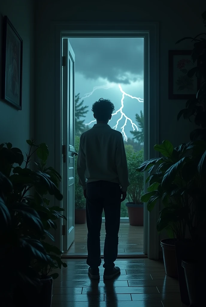 (photorealism:1.2), Returning inside, he hears his phone ring again. standing in front of the door,indoors, soft lighting, plants in background, window with lightening, cozy room,  realistic, intricate details, horror colors, 