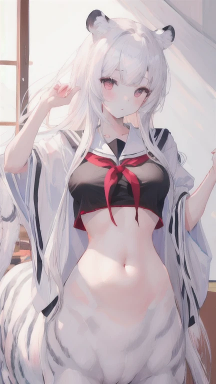 (best quality, masterpiece), 1 girl, centaur, I beg, White skin, Japanese schoolgirl,daughter,black pink, exposing the abdomen, belly button t-shirt , beautiful girl perfect, White tiger photo, 완벽한 White tiger photo