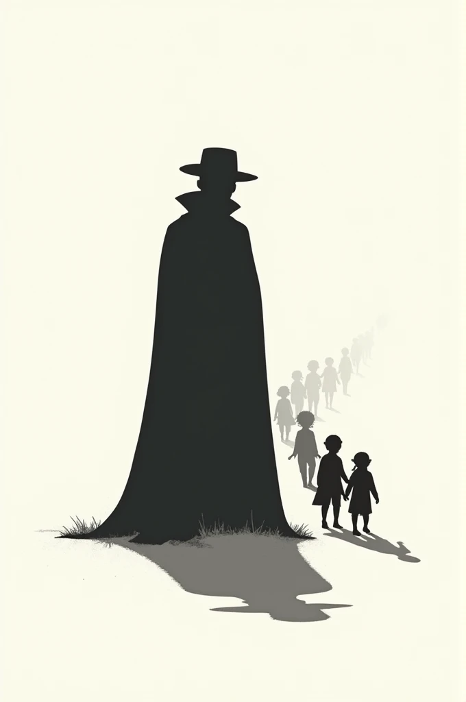 "Minimalist silhouette art inspired by Olly Moss, depicting a dark and eerie scene from 'The Pied
Piper of Hamelin.' The Pied Piper is shown in the center, his silhouette tall and commanding, playing
his flute. Behind him, a stream of children follows him, their small silhouettes trailing off into the
distance, adding to the sense of unease. The Piper's cloak billows ominously, and his hat casts a deep
shadow over his face. The background is pure white with no additional elements, emphasizing the
stark contrast of the dark, eerie figures against the empty space.
