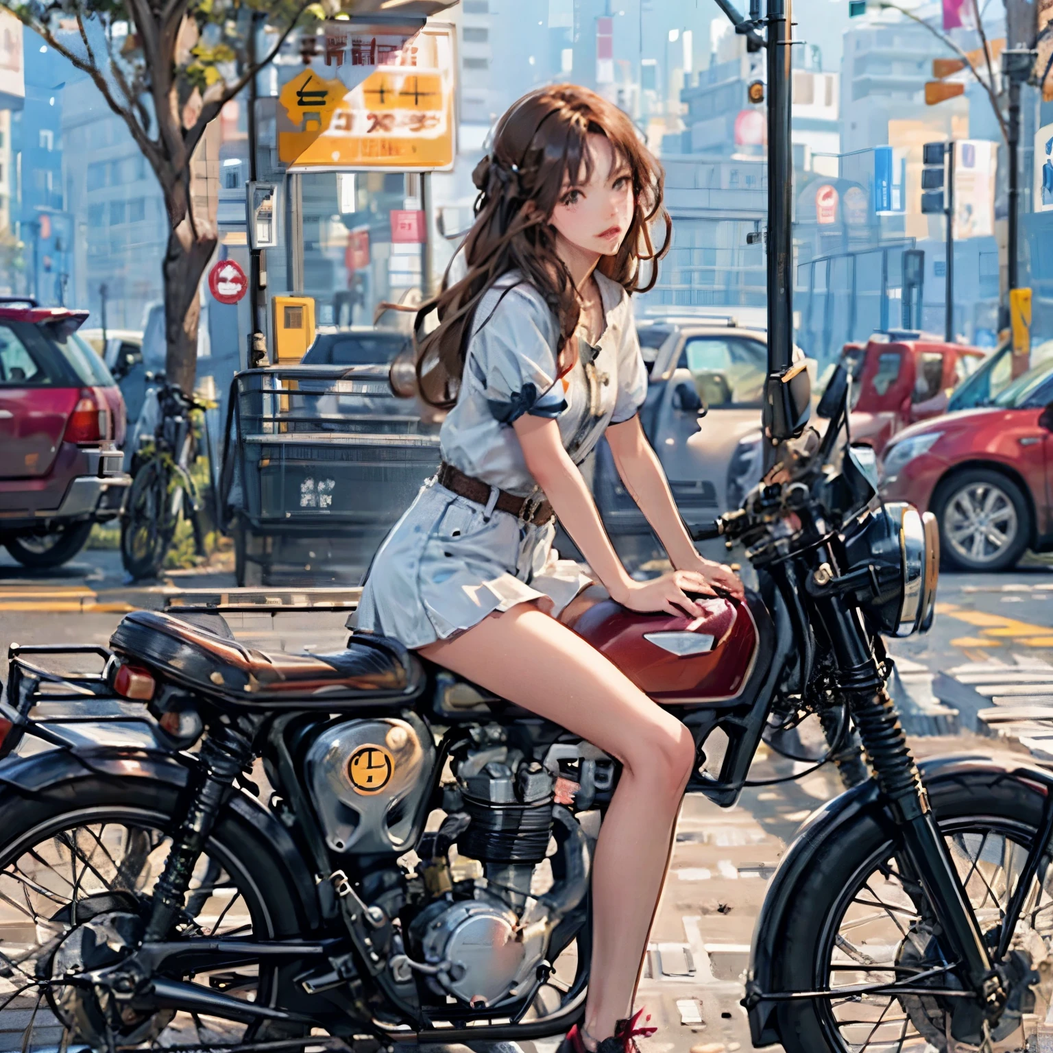 (masterpiece, Highest quality:1.2), A girl straddles a bike, alone, 