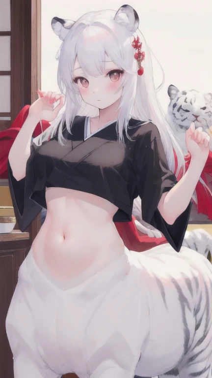 (best quality, masterpiece), 1 girl, centaur, I beg, White skin, Japanese schoolgirl,daughter,black pink, exposing the abdomen, belly button t-shirt , beautiful girl perfect, White tiger photo, 완벽한 White tiger photo