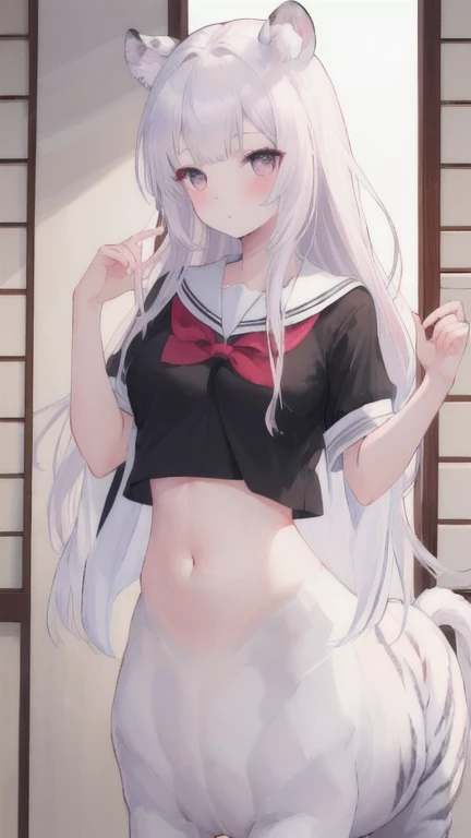 (best quality, masterpiece), 1 girl, centaur, I beg, White skin, Japanese schoolgirl,daughter,black pink, exposing the abdomen, belly button t-shirt , beautiful girl perfect, White tiger photo, 완벽한 White tiger photo