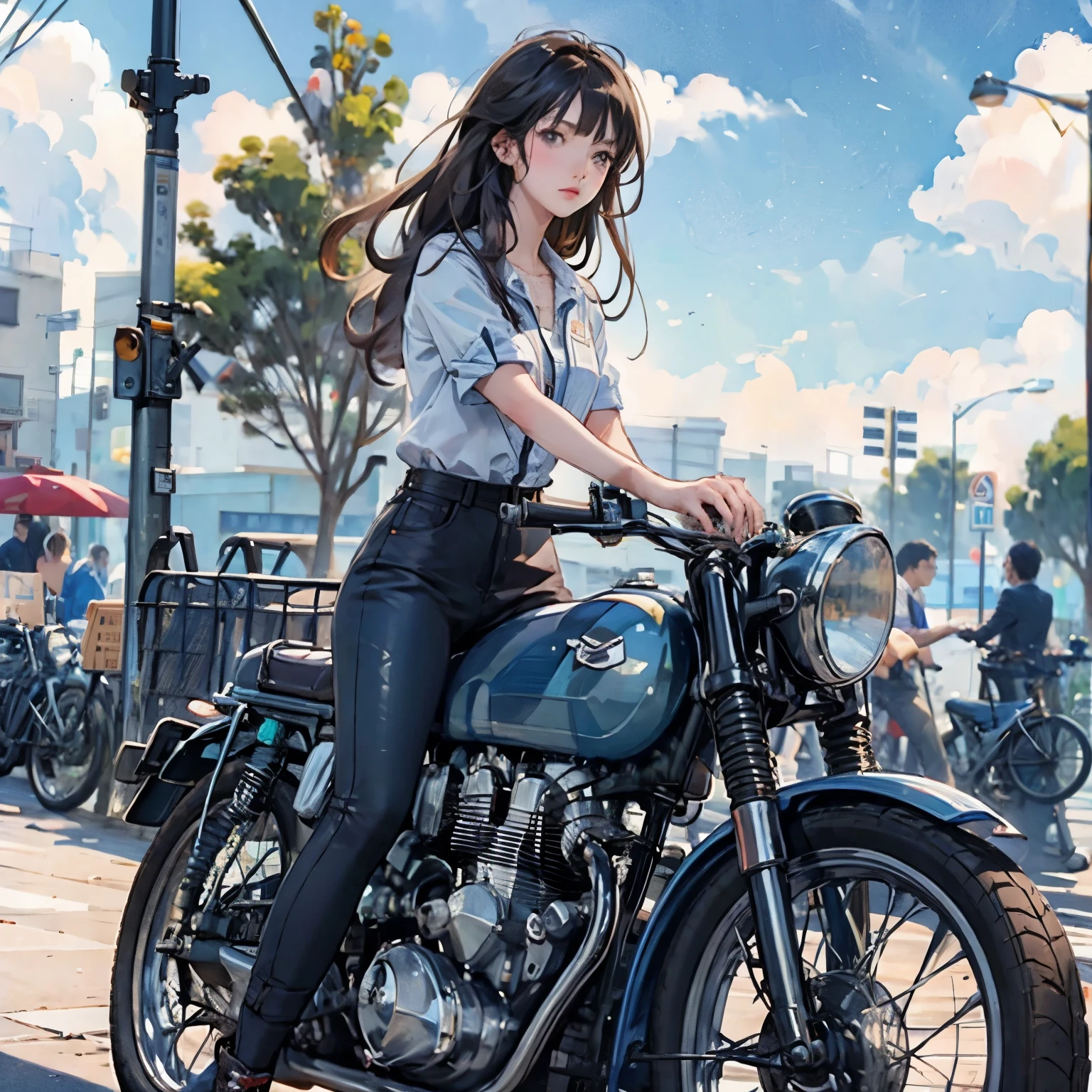 (masterpiece, Highest quality:1.2), A girl straddles a bike, alone, 