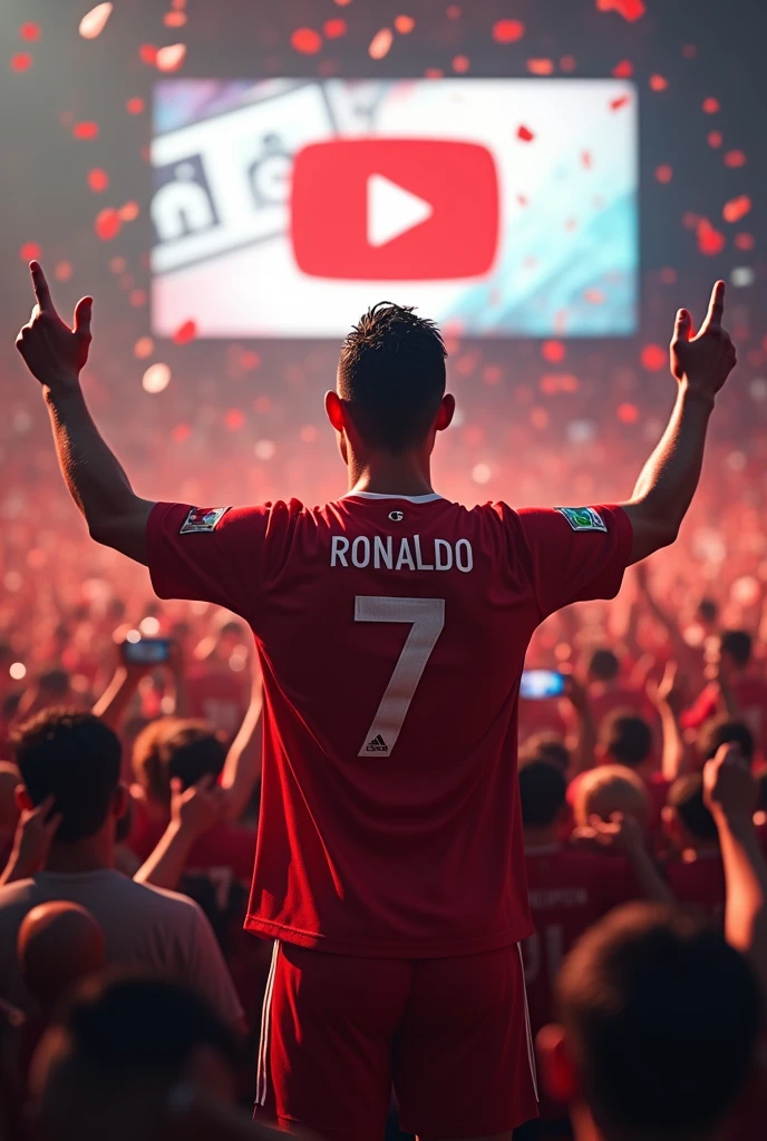 Ronaldo celebrate 50milion youtube subscribers..
There a banner show 50M subscribers done..
& So many people are crying in background.. messi also crying
Ronaldo back jersey number 7 and there a YouTube logo