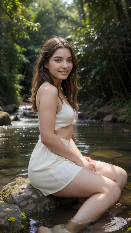 Masterpiece, best quality, 8k, raw photo, photorealistic, portrait, 1 pale white cute girl  , flat chest, long straight hair, wet hair, open forehead, sweet pretty face, perfect eyes,  , High nose, face flushes, detailed skin, Detailed mouth, blushing, Charming smile, Neat look, , Soaking Wet Clothes, (micro bra, white),  skinny body , leaning back, spread leg, hands on own knee, flat breasts, flat hip, short unzipped jeans, peaking mons, slender legs, half body, she wet, play on the water, narrow waterfall