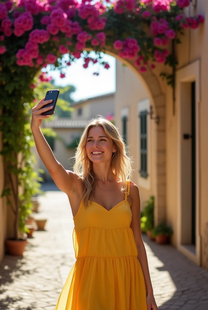 blonde girl, age 25, Grinning,yellow strap dress, stop in front of bouganville. Posing for a selfie with your smartphone.Entrance to an alley in Provence. Bougainvillea in arch decorating entrance. Typical cheese factory.Filtro Foggy. style of photographer David Hamilton.