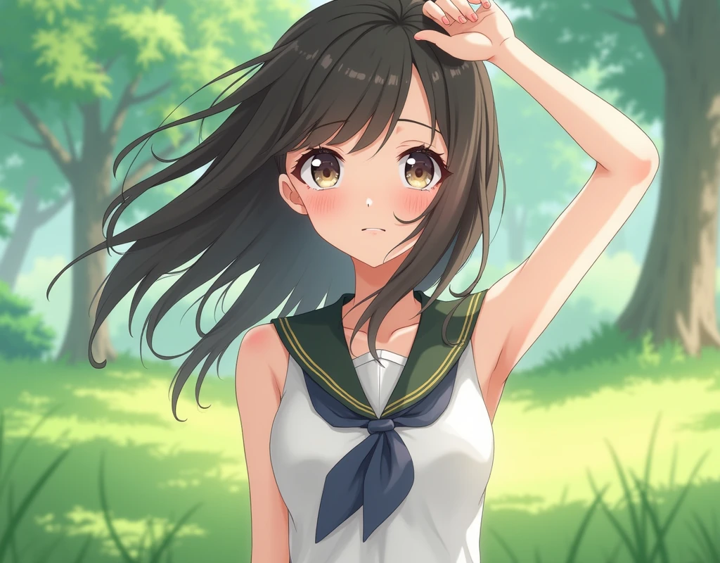 anime woman, outdoors, curious expression, wearing a sleeveless sailor uniform, raising arms and showing her underarms. visible torso.