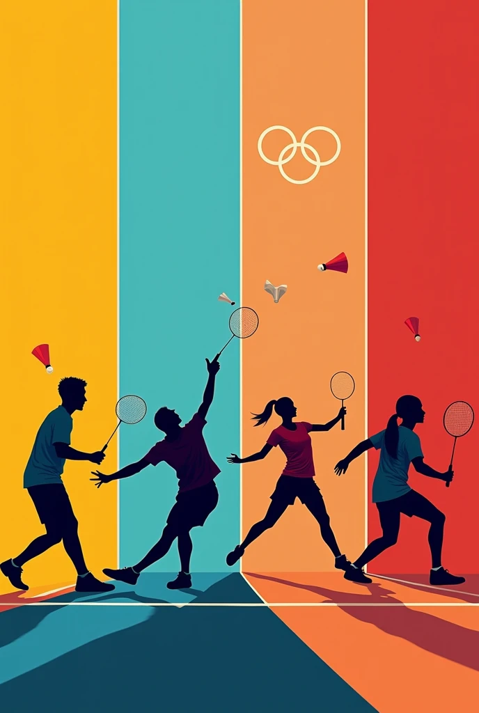 A poster which is divided by 8 rectangles those rectangles should be horizontal with 8 different colours of Olympics with a shadow of badminton players both boys and girls