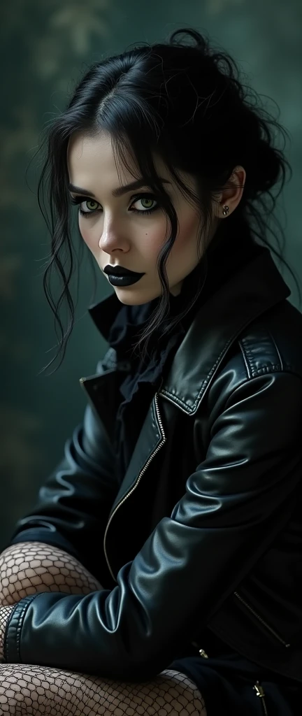 A sexy male with teal blue eyes and long black hair, with a nice and delicate face, dressed in gothic clothes, his skin is pale and snow white, smoking a cigarette.