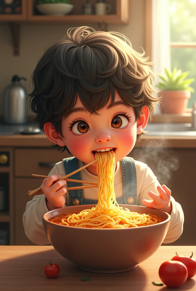 A kid become small while eating instant mee with hair turned to instant mee