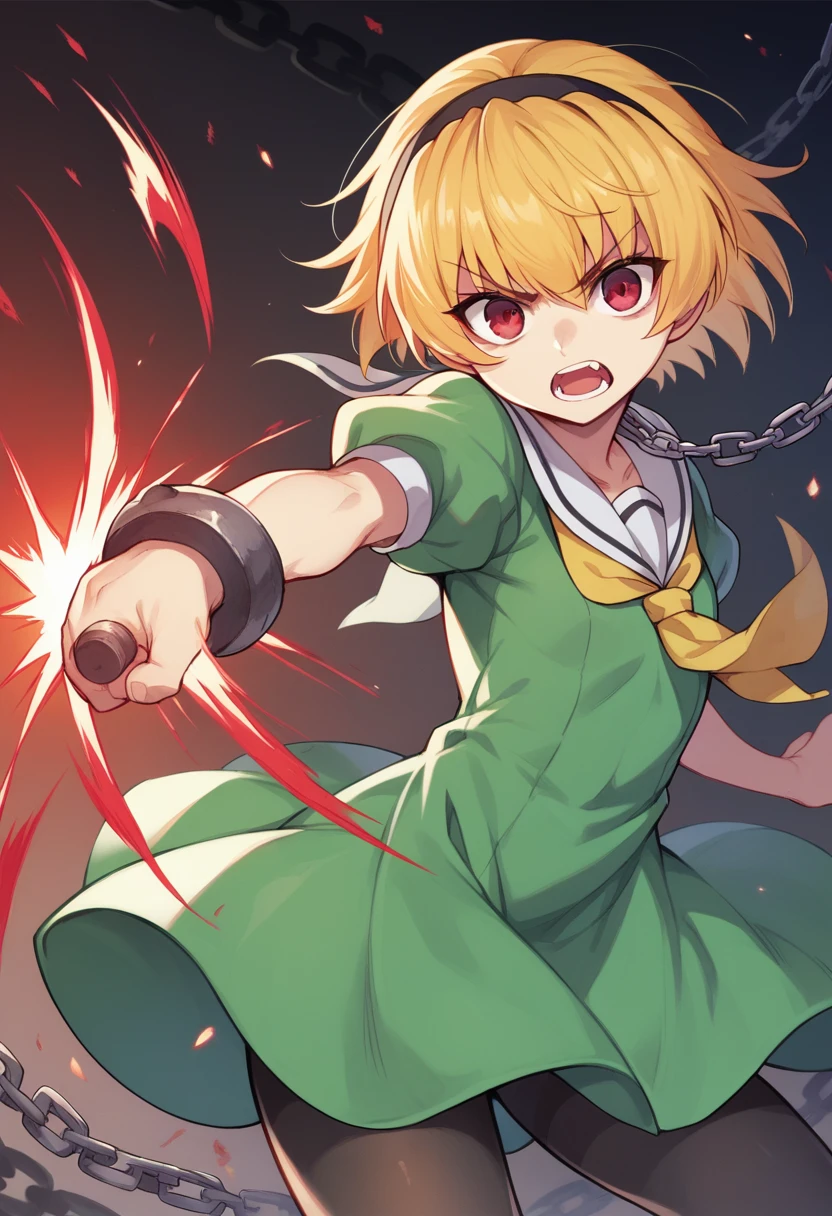 ((chain)), ((chain Focus)), (Weapon), houjou_Satoko, 1girl, 独奏, blonde,short hair,hair band,Red eyes,Green Dress,White sailor collar,Yellow neckerchief,Short sleeve,Puff sleeves,Black Pantyhose,Flat Chest, Deathblow, Swinging a chain