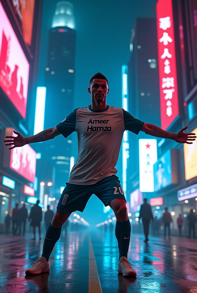 Cristiano Ronaldo doing his poses in cyberpunk neon city and the name Ameer Hamza writes on the Cristiano Ronaldo T shirt